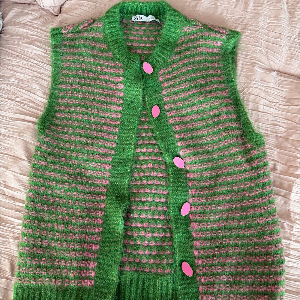 ZARA Green and Pink Fuzzy Knit Sleeveless Cardigan